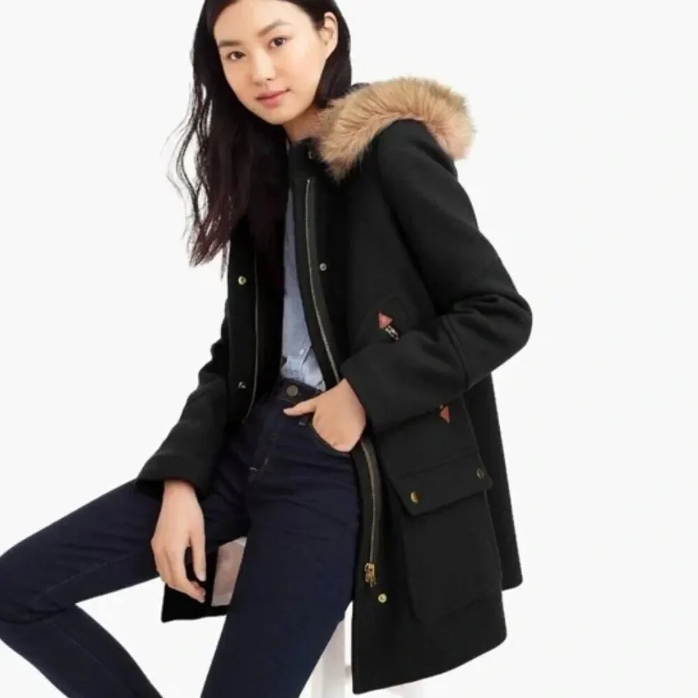 J. Crew‎ Chateau Parka Stadium Italian Wool Faux Fur Hood SZ 0